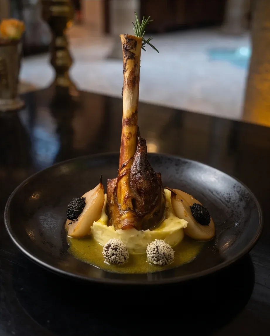 Lamb dish plated with mash and poached pears